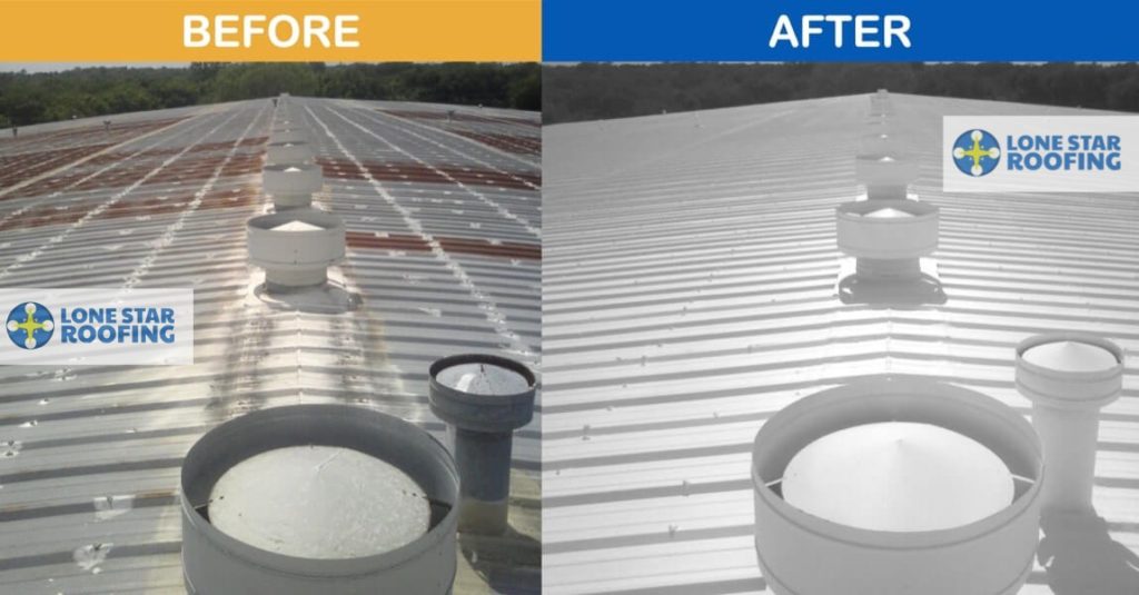 Metal Roof Coatings Warehouse Project Austin - Before and After